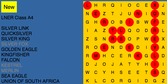 LNER Class A4 locomotives wordsearch